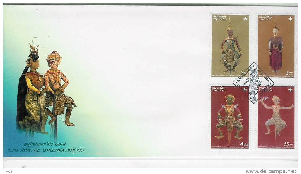 BOUDDHISME MARIONNETTES TRADITIONNELLES FDC 2002 THAILANDE 4 VALEURS DIFFERENTES SCARABES - Budismo