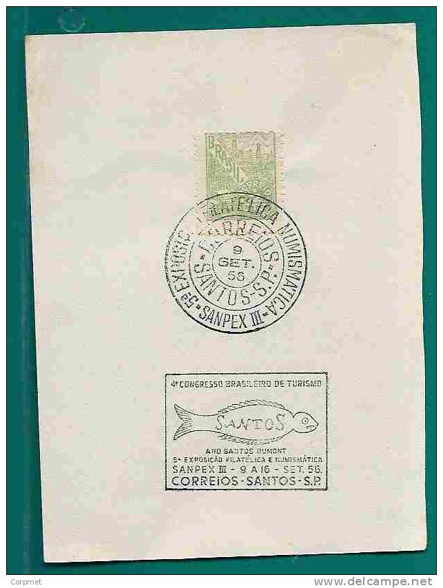 BRAZIL - SANPEX III - PHILATELIC And NUMISMATIC EXHIBITION - SANTOS 1956 - COMM CANCELLATION CARD -TOURISM CONGRESS FISH - Philatelic Exhibitions