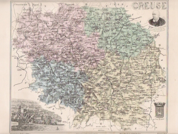 GUERET + CREUSE = JULES SANDEAU + ARMES DE GUERET  /  AUTHENTIQUE  CARTE  GEOGRAPHIQUE DU XIXème Siècle - Autres & Non Classés