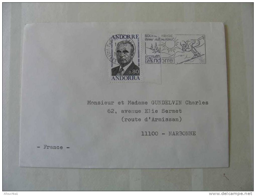 1975 MARCOPHILIE LETTRE EN ANDORRE TIMBRE EUROPA 0.80 ANDORRE LA VIEILLE/FLAMME: ETE HIVER SKI PECHE P/ NARBONNE AUDE 11 - Franking Machines (EMA)