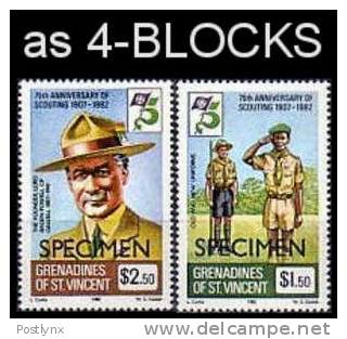 ST.VINCENT GRENADINES 1982 Scout. Ovpt.SPECIMEN 4-BLOCKS:2 (8 Stamps)   [muestra,Muster,spécimen,saggio] - St.Vincent (1979-...)