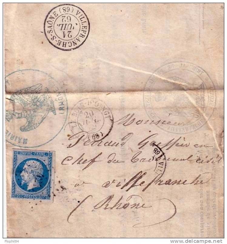 RHONE-LE BOIS D'OINGT 20-7-1862- CACHET BLEU MAIRIE DE CHESSY RHONE - N°14 OBL.PC - 1849-1876: Classic Period