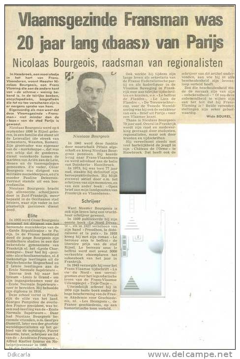 Oud Krantenknipsel 1976 Uit GVA - Vlaamsgezinde Fransman Was 20 Jaar Lang "Baas" Van Parijs - Nicolaas Bourgeois - Andere & Zonder Classificatie