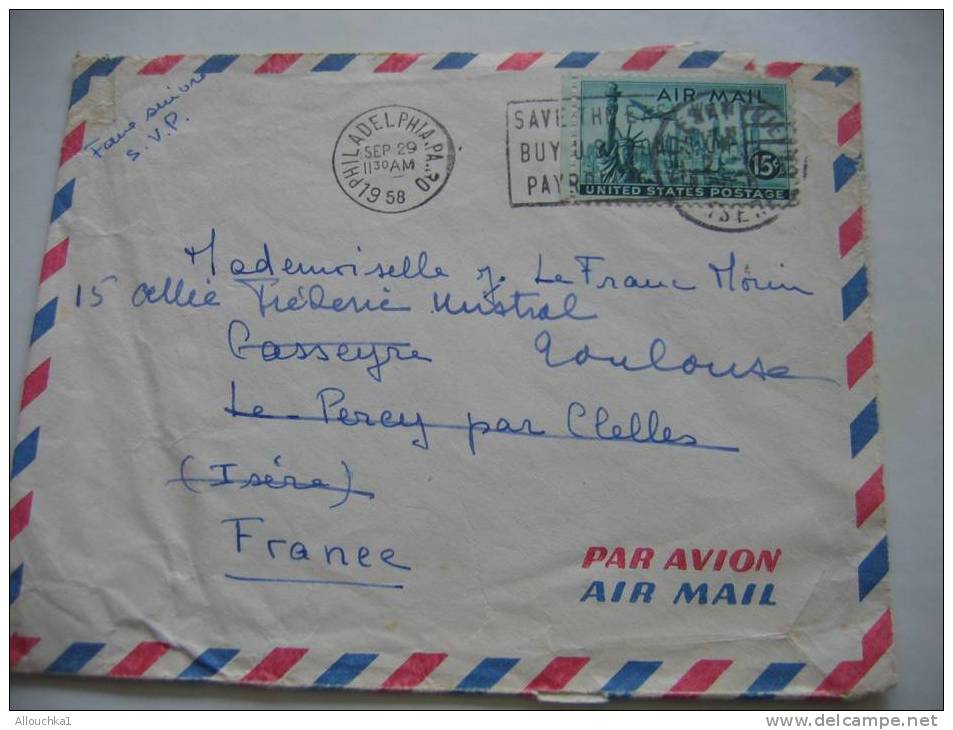 1958 MARCOPHILIE LETTRE DES ETATS UNIS:PHILADELPHIA REEX DE CELLES EN TRIEVES ISERE  POUR TOULOUSE 31 FRANCE / AIR MAIL - 3c. 1961-... Covers