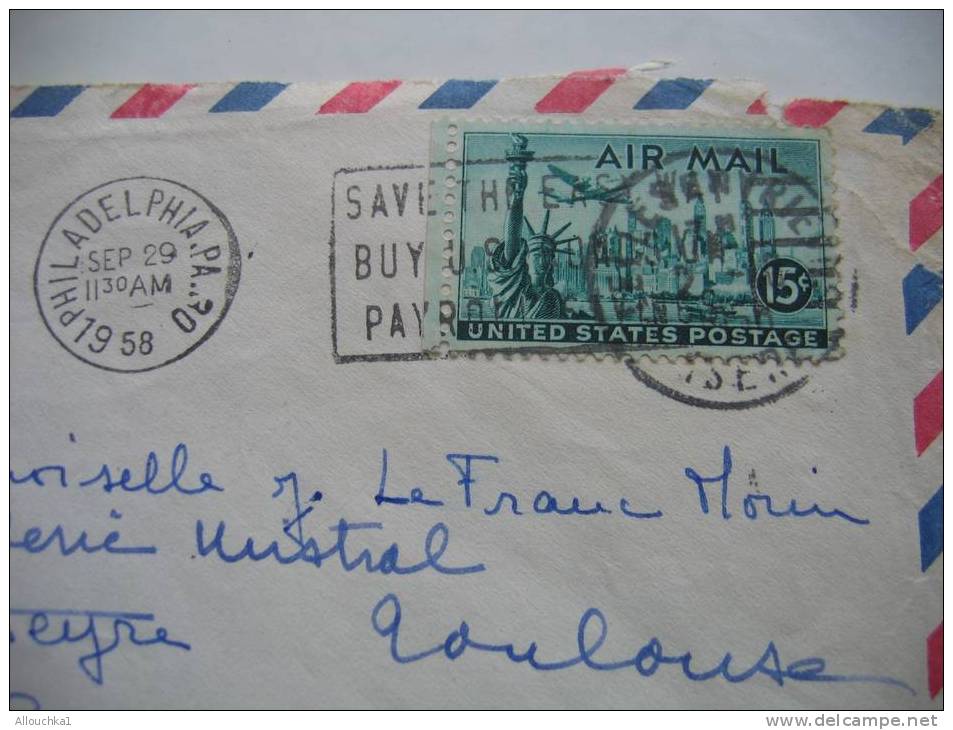 1958 MARCOPHILIE LETTRE DES ETATS UNIS:PHILADELPHIA REEX DE CELLES EN TRIEVES ISERE  POUR TOULOUSE 31 FRANCE / AIR MAIL - 3c. 1961-... Covers