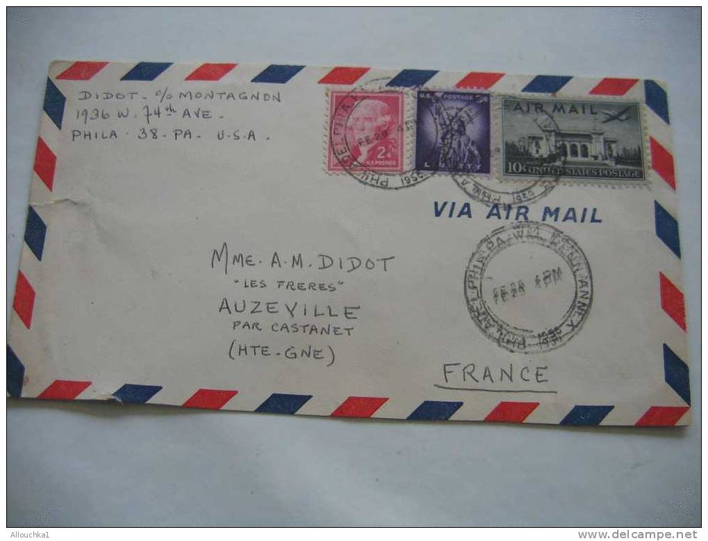 1956 MARCOPHILIE LETTRE DES ETATS UNIS:PHILADELPHA  POUR AUZEVILLE PAR CASTANET HTE GARONNE 31 FRANCE AIR MAIL - 2c. 1941-1960 Covers