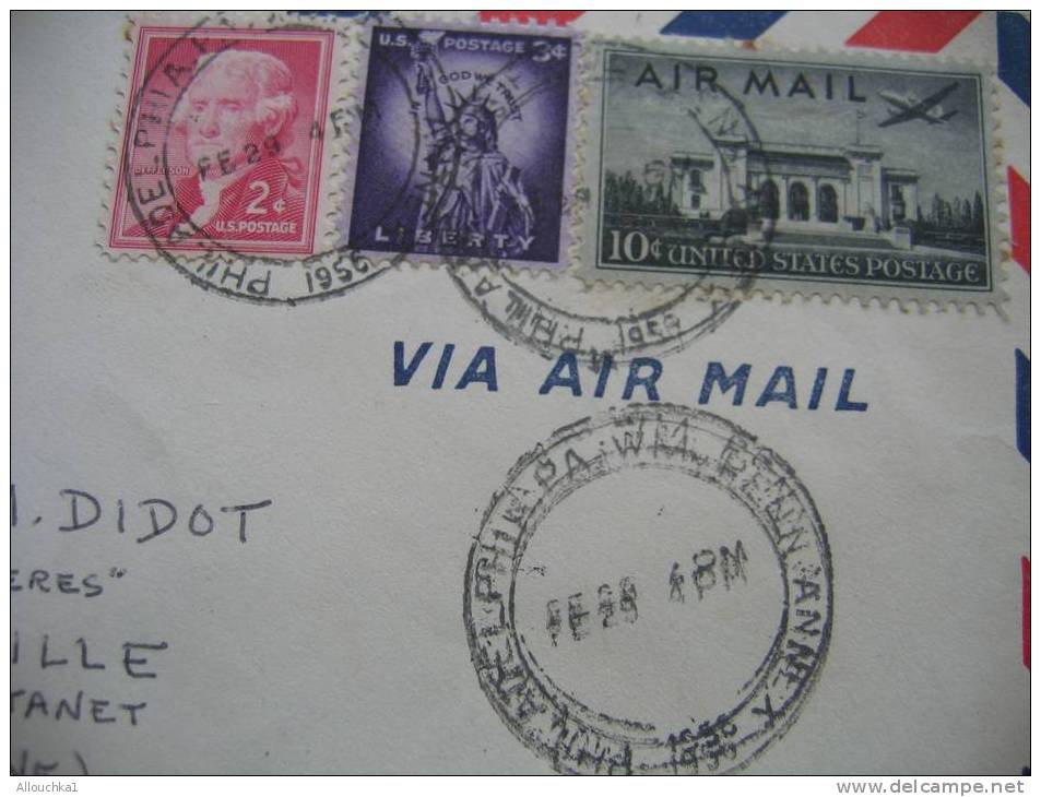 1956 MARCOPHILIE LETTRE DES ETATS UNIS:PHILADELPHA  POUR AUZEVILLE PAR CASTANET HTE GARONNE 31 FRANCE AIR MAIL - 2c. 1941-1960 Covers