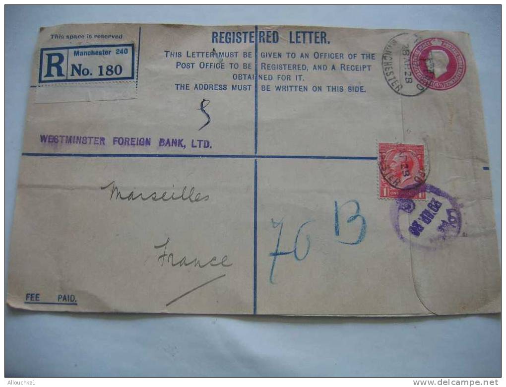 1926 MARCOPHILIE ENTIER POSTAUX DE GRANDE BRETAGNE:MANCHESTER / LONDON  RECOMMANDE POUR MARSEILLE BDR 13 FRANCE AIR MAIL - Stamped Stationery, Airletters & Aerogrammes
