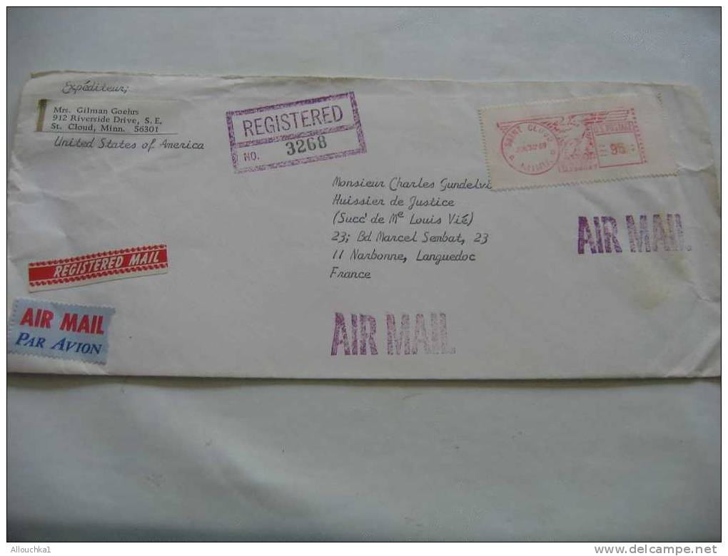 1969 MARCOPHILIE LETTRE DES ETATS UNIS USA :SAINT CLOUD/MINN. REGISTERED POUR NARBONNE AUDE 11 / FRANCE /AIR MAIL - Automatenmarken [ATM]