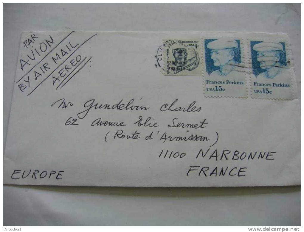 1979 MARCOPHILIE LETTRE DES ETATS-UNIS : CLIFTON N.J. POUR NARBONNE AUDE 11 / FRANCE  AIR MAIL PAR AVION AERO - Storia Postale