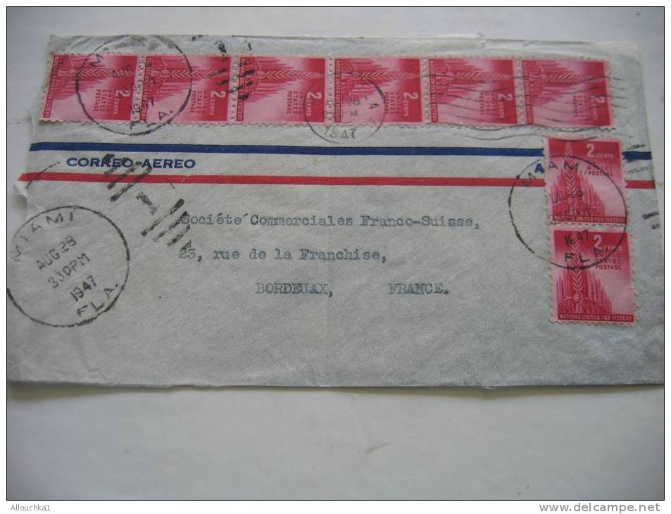 Timbres / Amérique / Etats-Unis / 1941-50 /devant De Lettre Document -UNIS:MIAMI/BORDEAUX 33 GIRONDE  AIR MAIL PAR AVION - Lettres & Documents