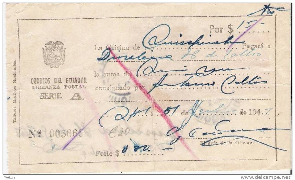 Ecu025   / ECUADOR - Rückseitig  Frankierte Postanweisung 1947 - Ecuador