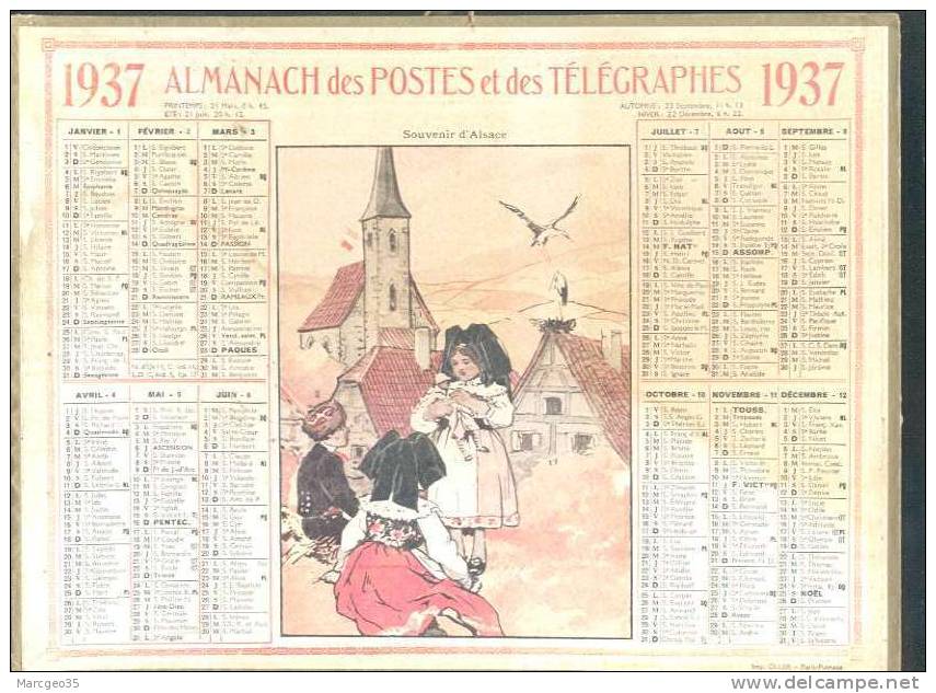 PTT , Almanach Des Postes & Des Télégraphes 1937 Souvenir D´alsace , Ille & Vilaine - Grand Format : 1921-40