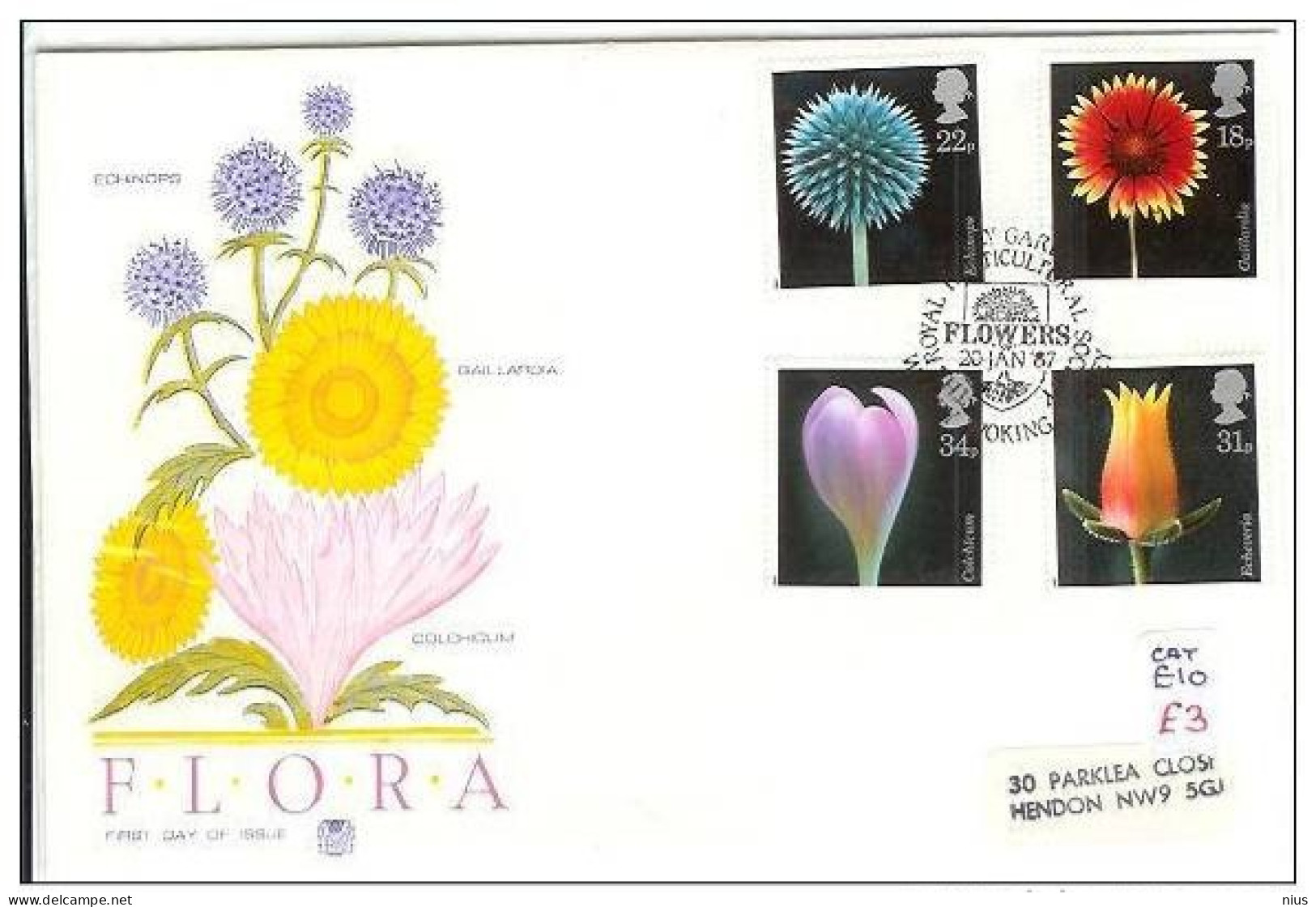 Great Britain 1987 FDC United Kingdom, England, Flora Flower Flowers Echinops, Gaillardia, Colchicum, Echeveria - 1981-1990 Decimale Uitgaven