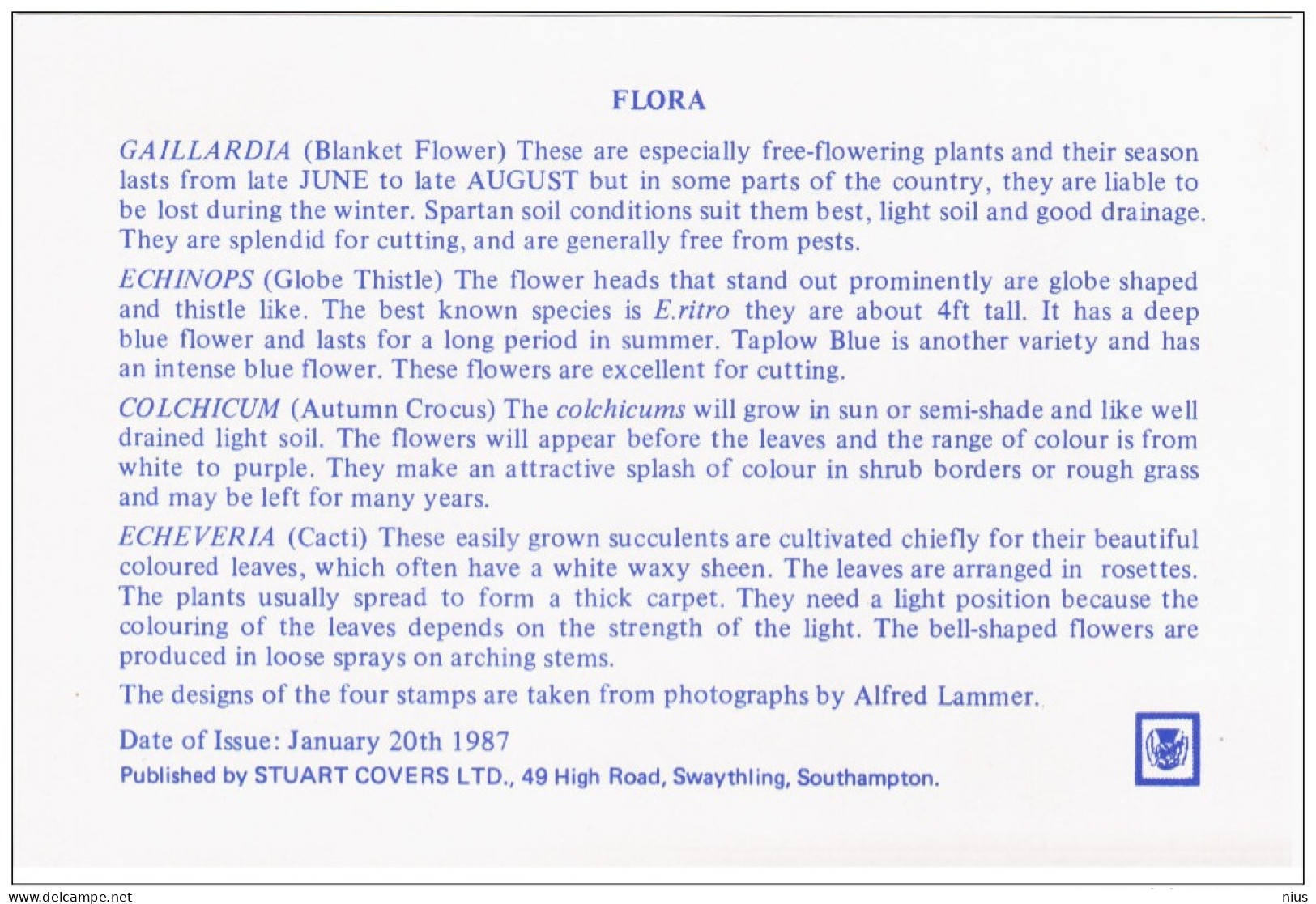 Great Britain 1987 FDC United Kingdom, England, Flora Flower Flowers Echinops, Gaillardia, Colchicum, Echeveria - 1981-90 Ediciones Decimales