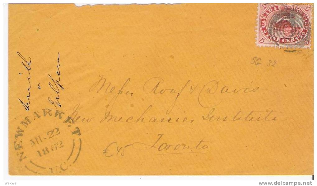 C-V009/  KANADA - Bibermarke Mit Stempel Newmarket 1862, Perfekte Zähnung, Nach Toronto - Briefe U. Dokumente