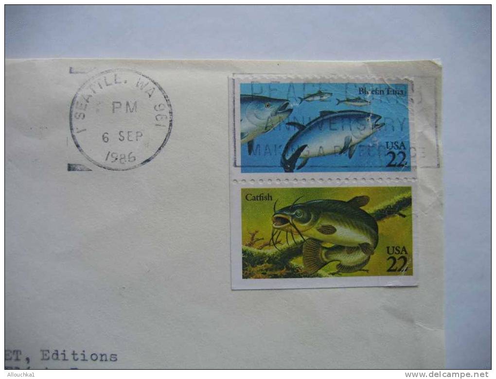 MARCOPHILIE LETTRE: ETATS UNIS D'AMERIQUE:SEATVILLE/BLAINE .WA.P/MARSEILLE:1986 STAMPS  CATFISH/TUNA/POISSON  CHAT THON - Briefe U. Dokumente