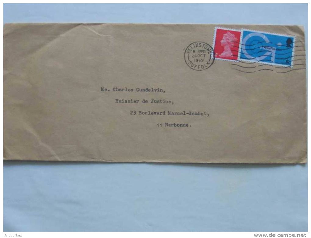 1969 MARCOPHILIE LETTRE DE GREAT-BRITAIN: FELIXSTON SUFFOLK POUR NARBONNE AUDE 11/ FRANCE BY AIR MAIL PAR AVION - Machines à Affranchir (EMA)