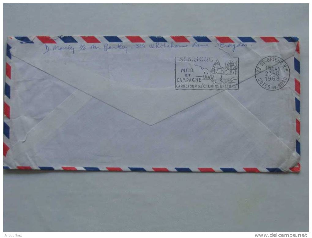 1968 MARCOPHILIE LETTER OF GREAT-BRITAIN:CROYDON  POUR LE VAL-ANDRE 22 FRANCE BY AIR MAIL PAR AVION REEXPEDITION VERS NA - Franking Machines (EMA)