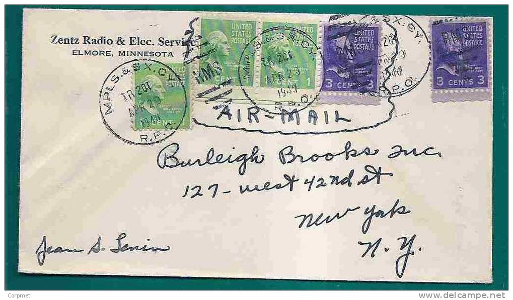 USA - VF AIR MAIL COVER - PRESIDENTIAL ISSUE - From ELMORE, MINNESOTA To NY - ADVERT From ZENTZ RADIO & Elec. Service - Cartas & Documentos