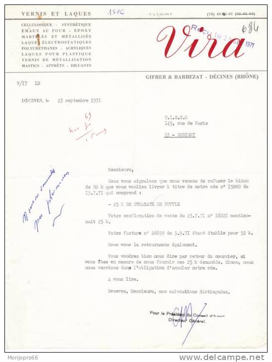 Lettre Dactylographiée De La Société VIRA De Décines Et De 1971 - Non Classés