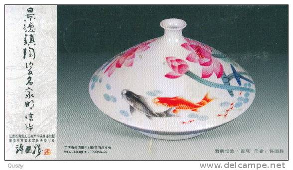 Fish Lotus Flower   ,  Porcelain Ceramics ,   Pre-stamped Card , Postal Stationery - Porselein