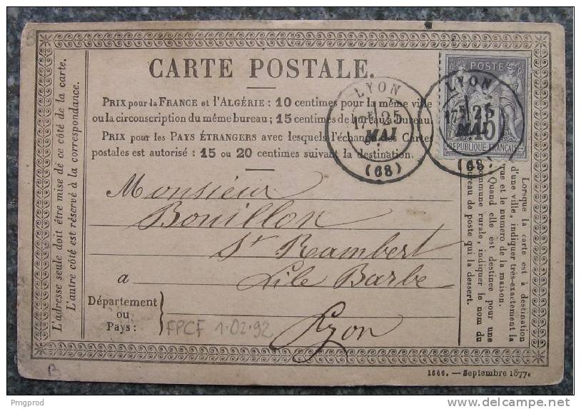 FRANCE - CARTE POSTALE - LYON - 25 Mai 1878 - Precursor Cards