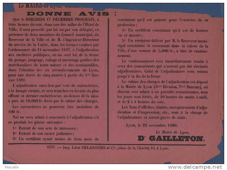 LYON 1890 - AFFICHE ADJUDICATION FERME DE PESAGE JAUGEAGE CUBAGE ET MESURAGE PUBLICS DES MARCHANDISES  6 ARRONDISSEMENTS - Afiches