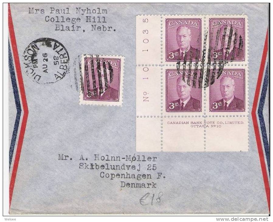 Can059/  KANADA - Plate Block Georg V, 1952 Zu 3 Cents, Nach Copenhagen, Dänemark - Briefe U. Dokumente