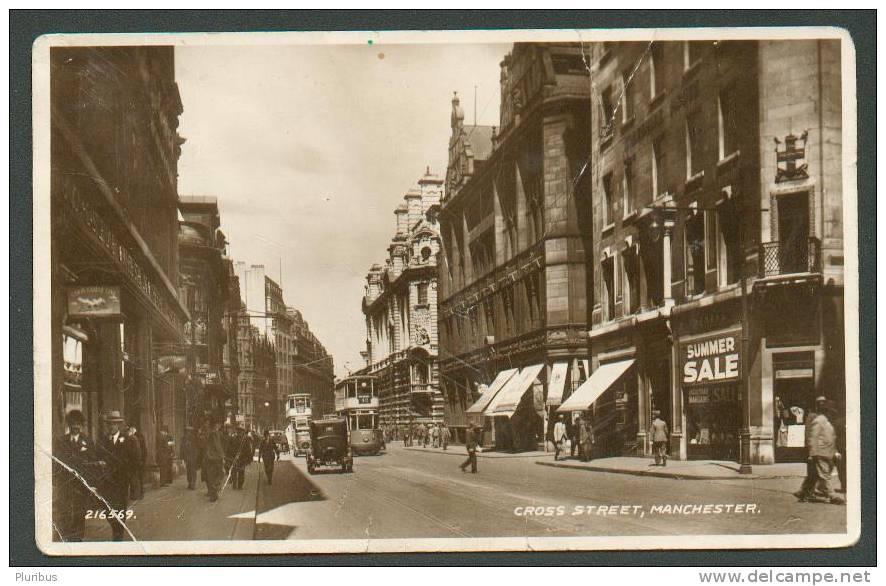 MANCHESTER, CROSS STREET, BUS CAR TRAFFIC, VINTAGE REAL PHOTO POSTCARD - Manchester