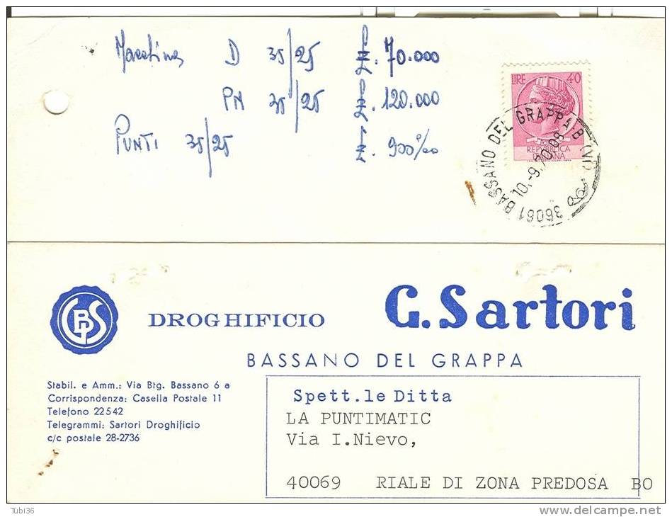 G. SARTORI  DROGHIFICIO - BASSANO DEL GRAPPA -VIAGGIATA  1970 - - Magasins