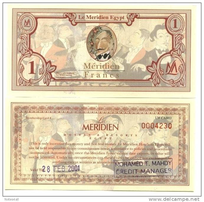 EGYPT 2001 LE MERIDIA HOTEL CURRENCY 1 FRANCE UNC LOOK - Casino