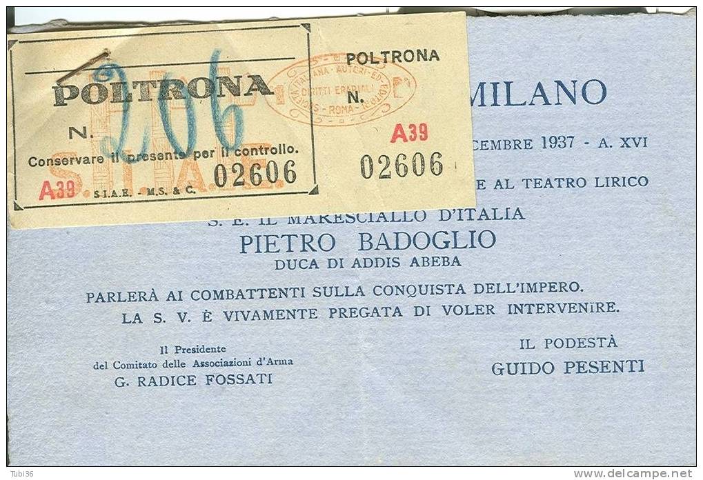 COMUNE DI MILANO - TEATRO LIRICO - 1937 - MARESCIALLO BADOGLIO  PARLERA' AI COMBATTENTI- - Altri & Non Classificati