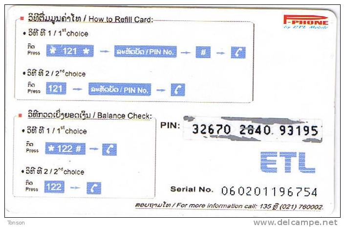 Laos, 15.000 Kip, P-Phone, Call Time Refill Card, 2 Scans. - Laos