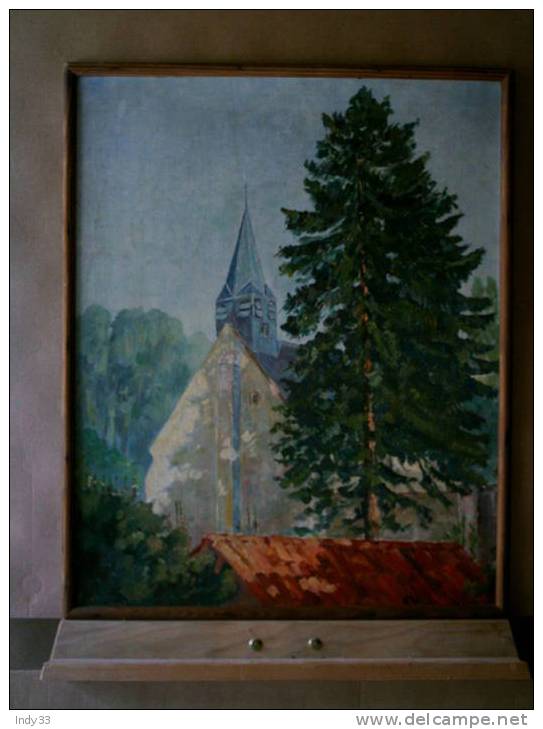 - PAYSAGE AVEC UNE EGLISE . HUILE SUR CARTON TOILE . NON SIGNEE ET ENCADREE - Huiles