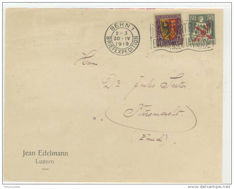 Suisse, P.A. N° 2 Sur Lettre 1er Vol Bern Zurich 1919 - Eerste Vluchten