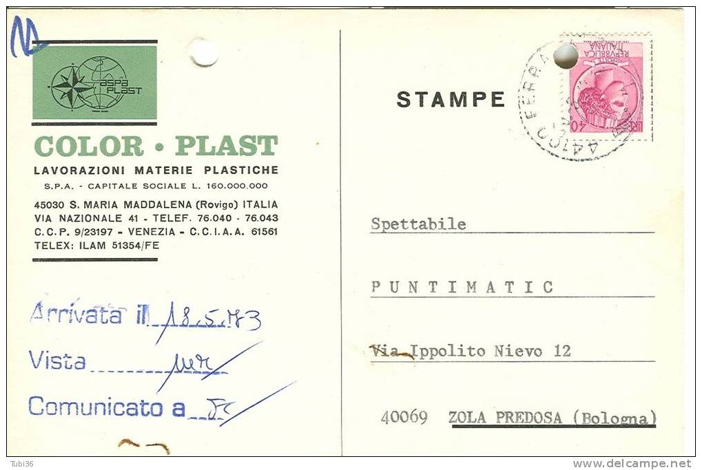 COLOR-PLAST - LAVORAZIONE MATERIE PLASTICHE -ROVIGO - VIAGGIATA  1973. - Industry