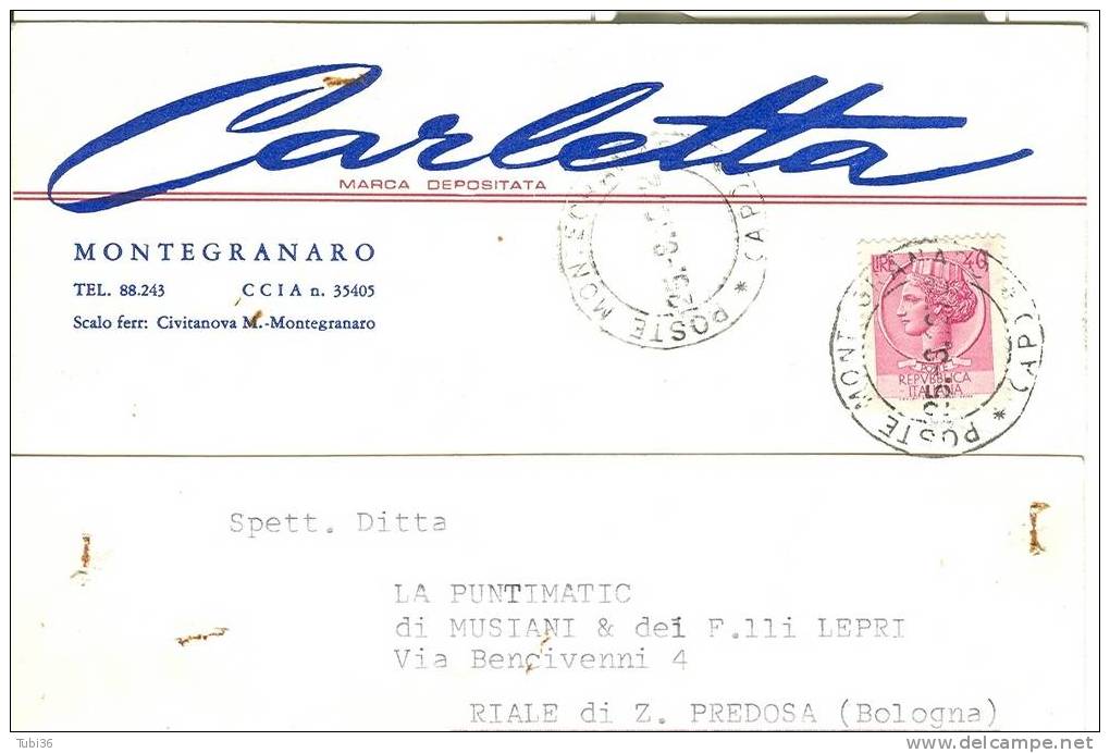 CARLETTA CALZATURIFICIO - MONTEGRANARO (ASCOLI PICENO) - VIAGGIATA  1972. - Ascoli Piceno