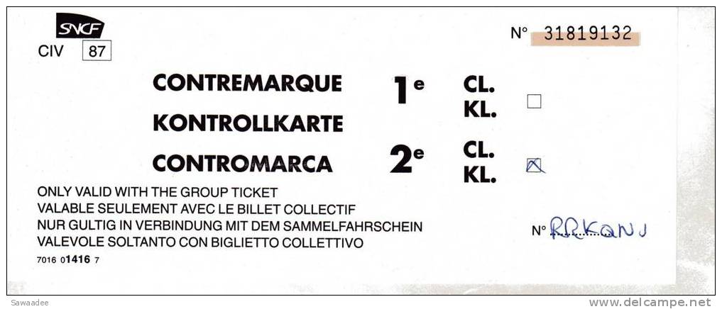 TITRE DE TRANSPORT - FRANCE - CONTREMARQUE - S.N.C.F. - Otros & Sin Clasificación