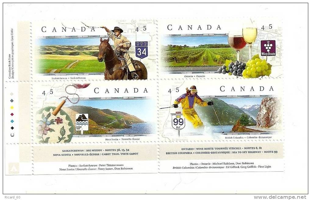 Timbres  Neufs Du Canada  Les Routes Panoramiques: Route Des Vins , Rout 99(ski), Route 34( Cavalier)... - Ungebraucht