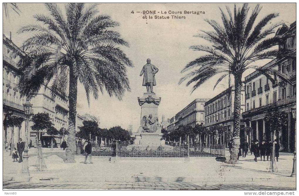 ALGERIE BONE Le Cours Bertagna Et La Statue Thiers Cpa Animée - Annaba (Bône)