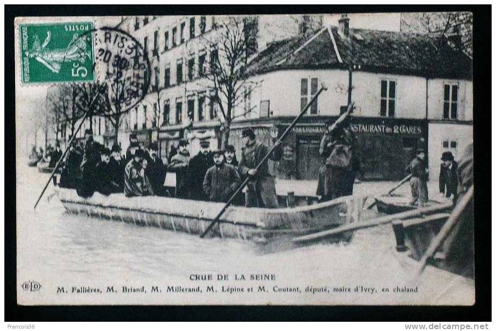 CRUE DE LA SEINE - Paris - M. Fallières Briand Millerand Lépine Coutant Député Maire D´Ivry En Chaland - Inondations