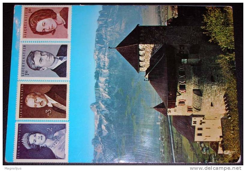 Liechtenstein,Fortress,Castle,Vaduz,Stamps On Picture Side,Furst,Prinz,Furstin,Prinzessin,postcard - Liechtenstein