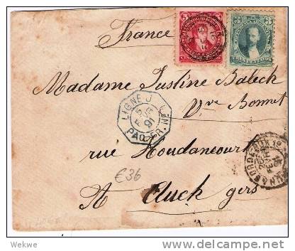 Arg100/  ARGENTINIEN - Franz. Schiffslinie Nr. 1 1891. Mischfrankat.  3 + 5 Centavos - Lettres & Documents