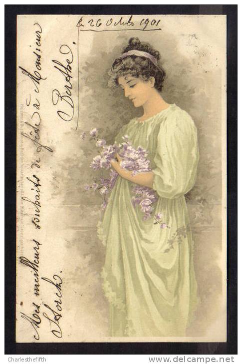 1901 SUPERBE CARTE JUGENSTIL - ART NOUVEAU - DAME AVEC FLEURS - édit.  Meissner & Buch Leipzig !! - Avant 1900