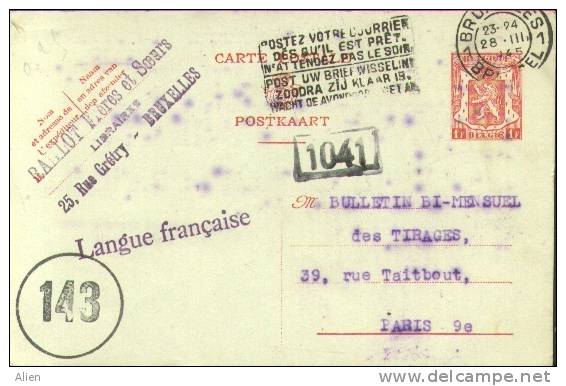 Entier 1 Fr Brussel Naar Parijs 2/III/45, Met Belgische (143 ) En Franse ( 1041 ) Censuur. - WW II (Covers & Documents)