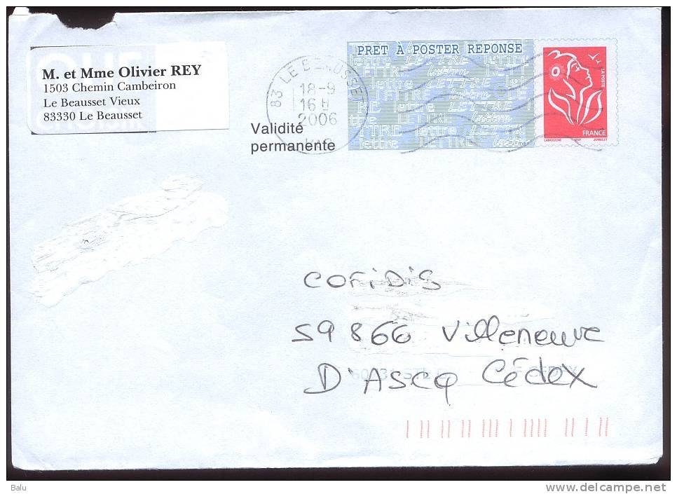 France Entier Postal Yvert No. 3734-E PAP REPONSE Marianne De Lamouche Obl. 83 Le Beausset 18.9.06. No Au Verso 06P305 - Prêts-à-poster: Réponse /Lamouche