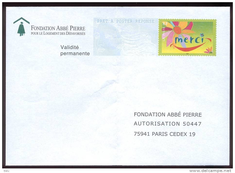 France Entier Postal Yvert No. 3379 PAP REPONSE Sans Valeur - Merci. Fondation Abbé Pierre. No Au Verso 0312739, 2 Scans - PAP : Risposta
