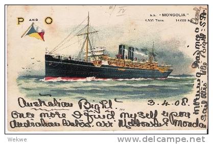 S-Au012/  Karte, Larcs Bay 1908, Ship Letter, Engl. Marke RRR  P And O Line (SS Mongolia) - Briefe U. Dokumente