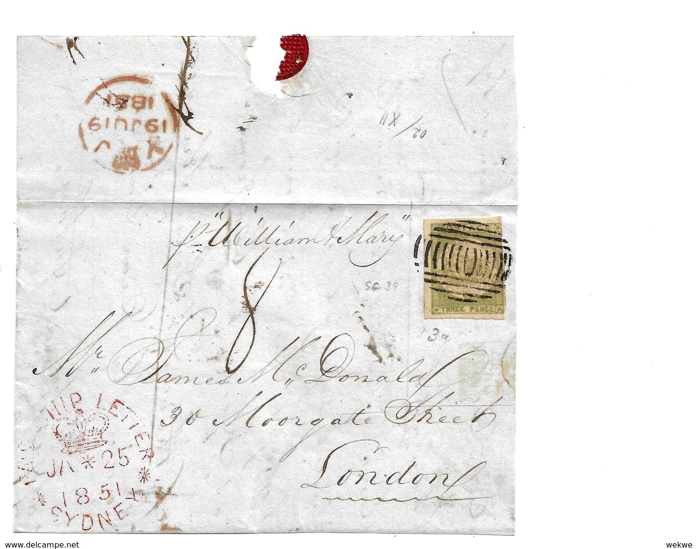 NSW093/ Three Pence 1851, Shipletter Sydney. - Briefe U. Dokumente